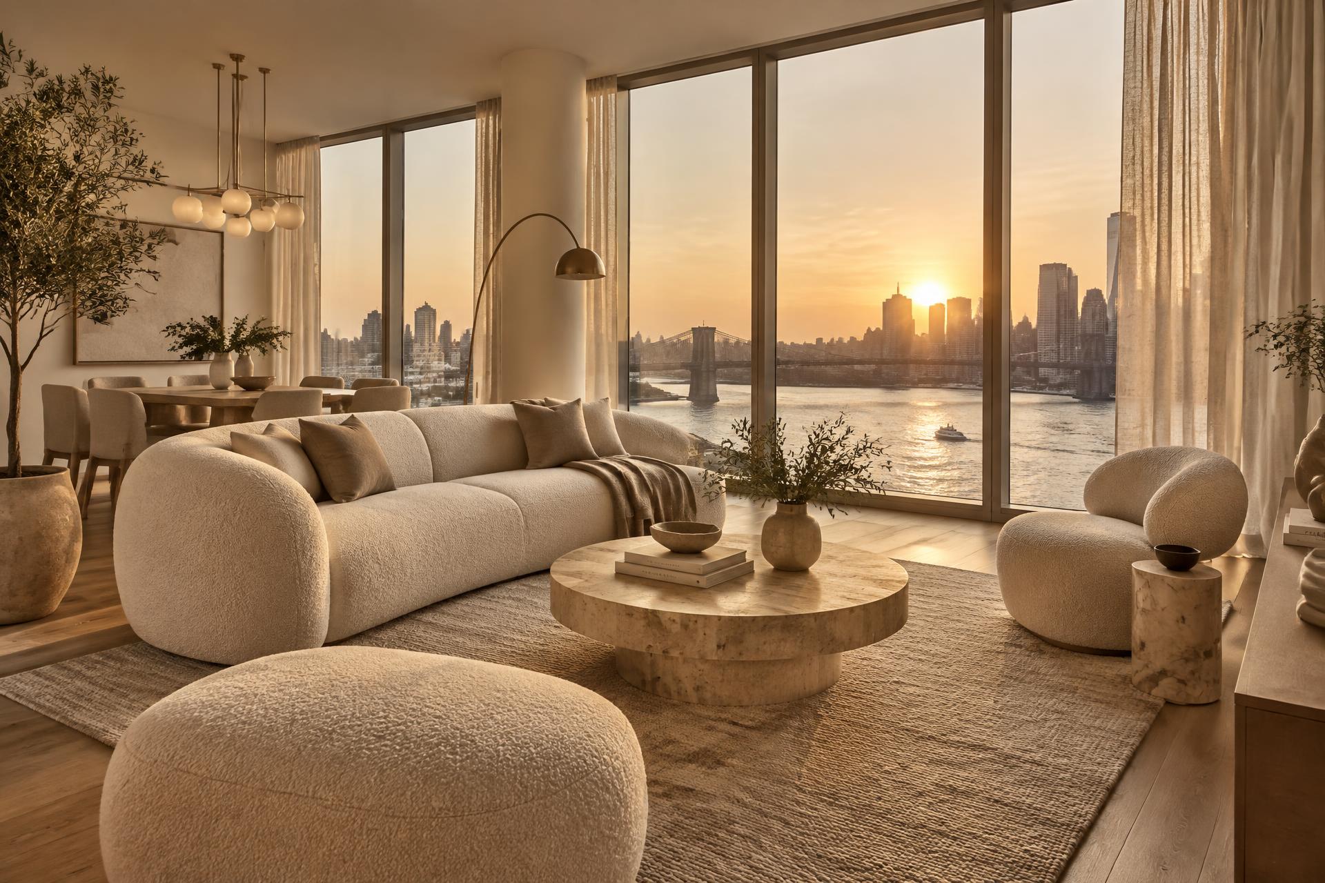 Sunlit waterfront living room with cream boucle seating, oak floors and floor-to-ceiling windows
