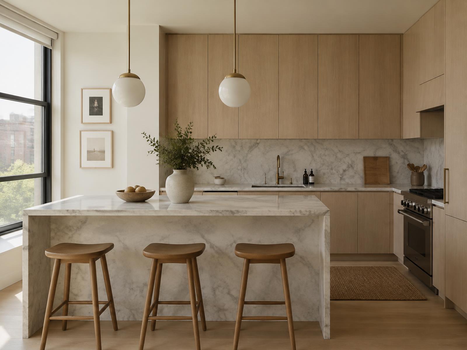 Modern Brooklyn condo kitchen with oak cabinetry, marble island and brass fixtures